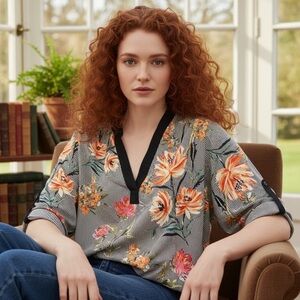 Tacera Vibrant Floral Stripes Tabbed Sleeves Long Line Blouse Plus Size 2X